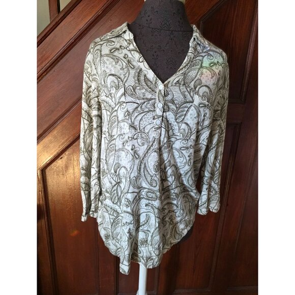 Chicos Womens Paisley Pattern Blouse Size 2 US M/L Beige & Olive Linen - Picture 1 of 7